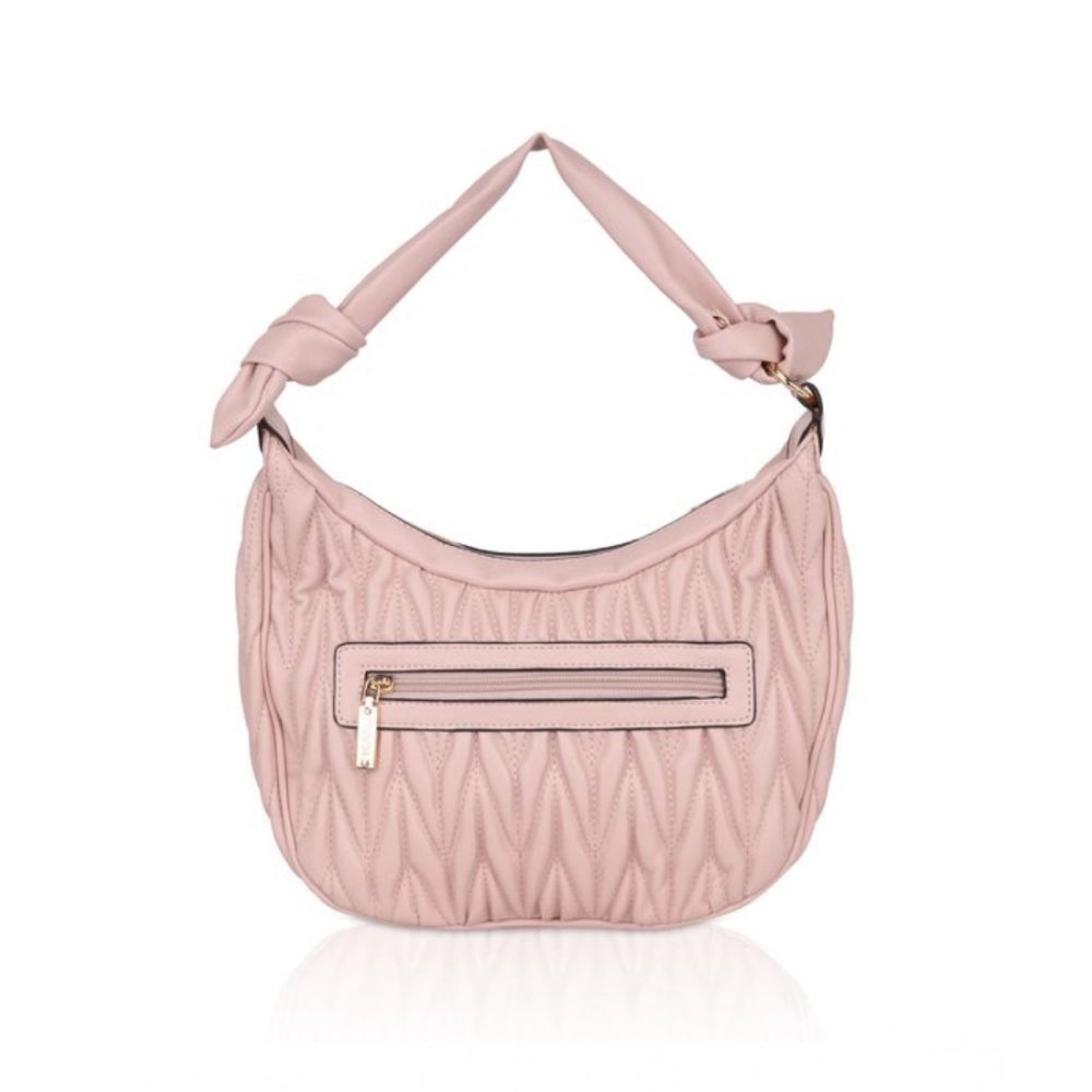 Pink faux leather textured handbag with dual handle, features zipper closure