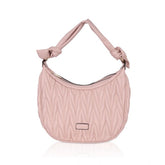 Pink faux leather textured handbag with dual handle, synthetic lining and zipper closure
