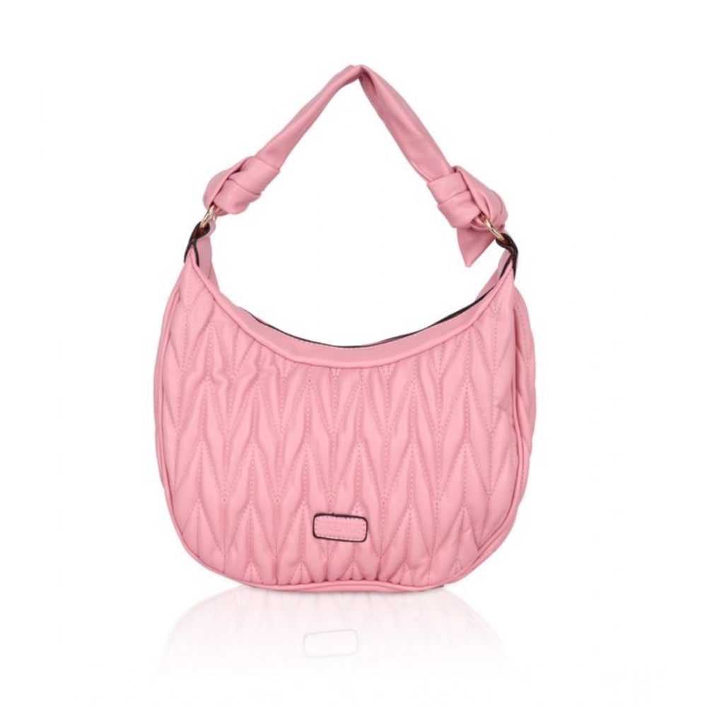 Pink faux leather textured handbag with dual handle, synthetic lining and zipper closure