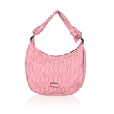 Pink faux leather textured handbag with dual handle, synthetic lining and zipper closure