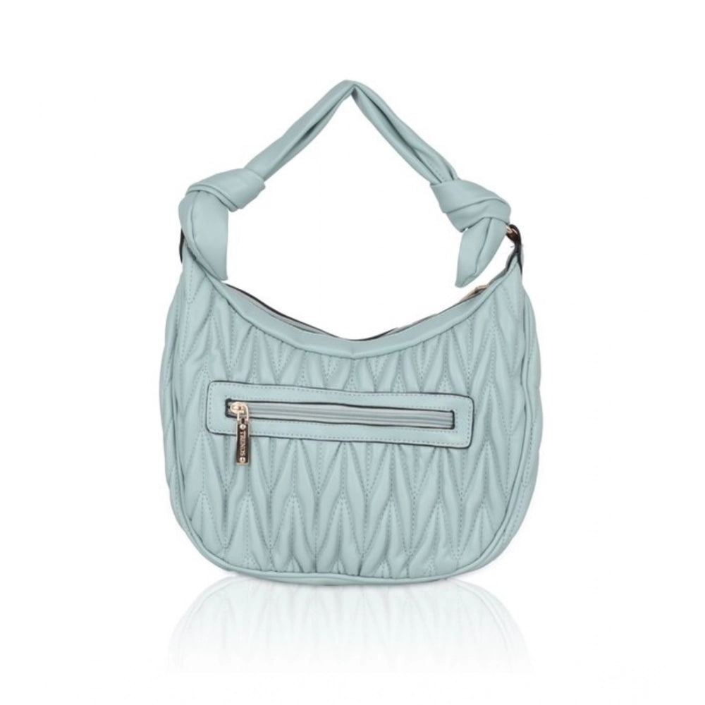 Blue faux leather textured handbag with zipper closure and dual handle