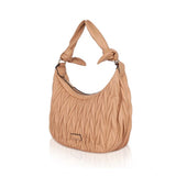 Beige faux leather textured handbag with zipper closure & dual handle, synthetic lining