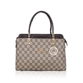 Coffee faux leather printed handbag with dual handle and zipper closure
