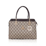 Coffee faux leather printed women's handbag with dual handle, synthetic inner material, zipper closure