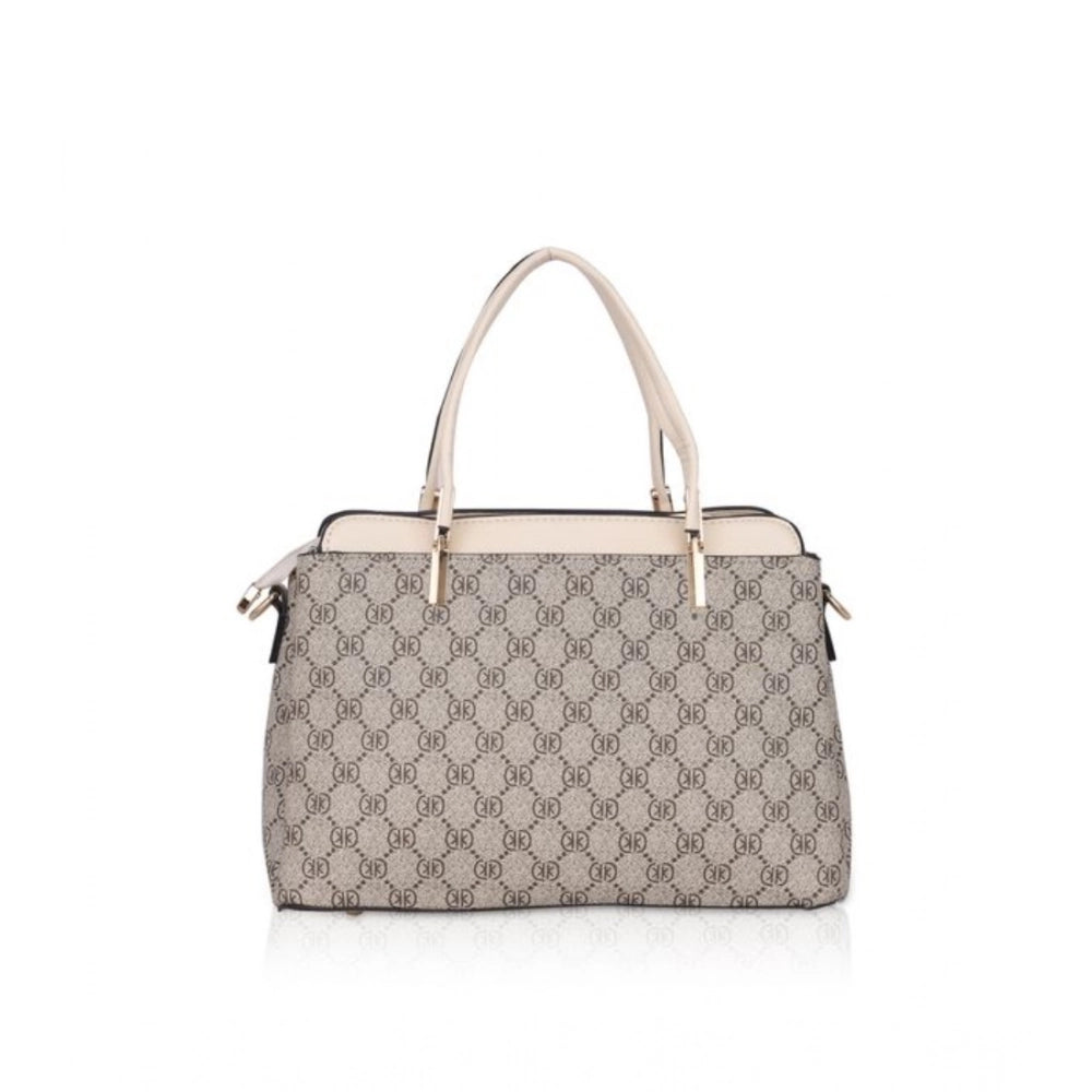 Beige faux leather printed handbag with dual handle and zipper closure - synthetic lining
