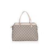 Beige faux leather printed handbag with dual handle and zipper closure - synthetic lining