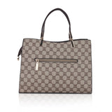 Coffee faux leather printed handbag with dual handle and zipper closure