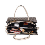 Beige faux leather printed handbag with zipper closure and dual handle