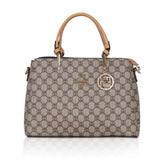 Camel faux leather printed handbag with dual handles and zipper closure