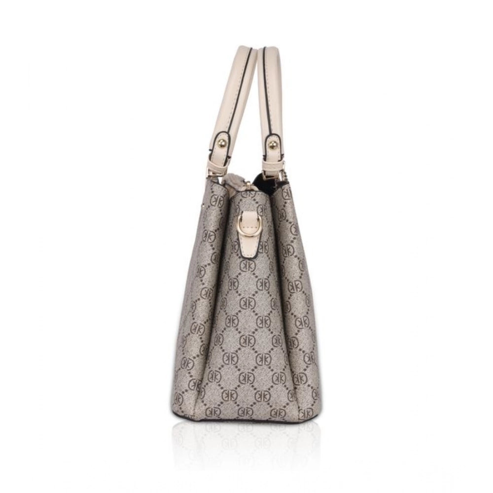 Beige faux leather printed handbag with dual handle and zipper closure