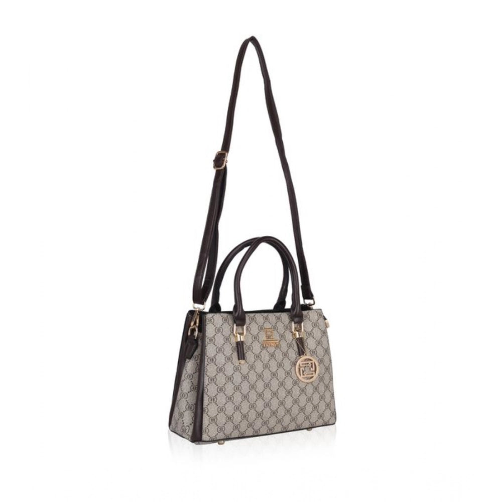Coffee faux leather printed handbag with dual handle and zipper closure