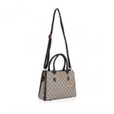 Coffee faux leather printed handbag with dual handle and zipper closure