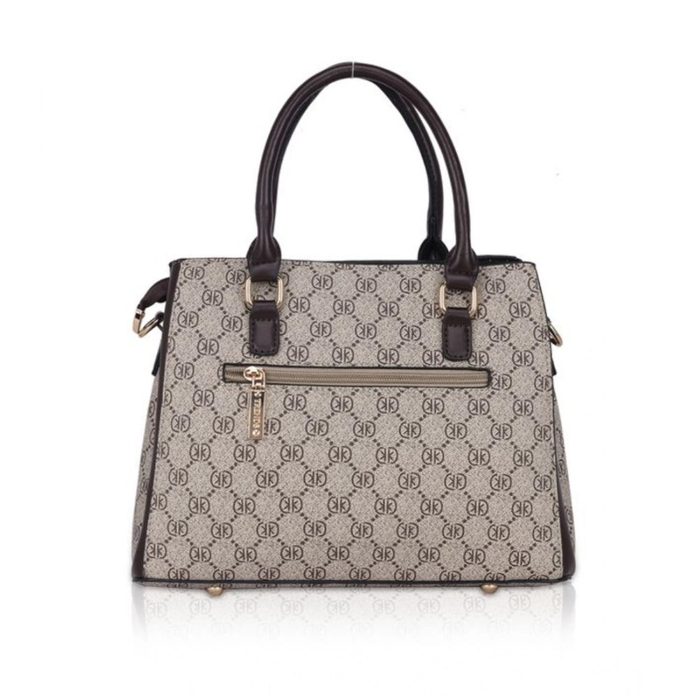 Coffee faux leather printed handbag with dual handle, synthetic lining, and zipper closure