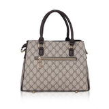 Coffee faux leather printed handbag with dual handle and zipper closure