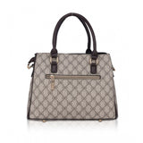 Coffee faux leather printed handbag with dual handle, synthetic lining, and zipper closure