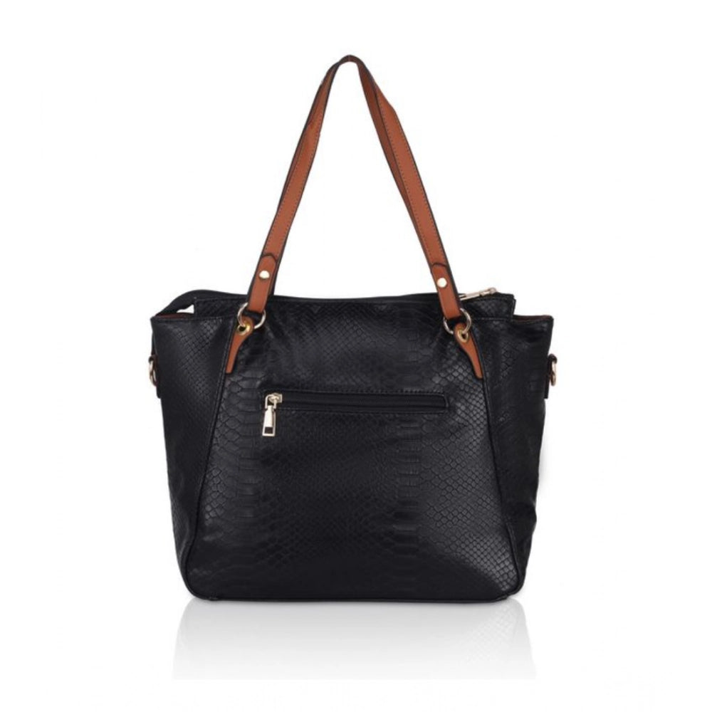 Black faux leather textured tote bag with zipper closure and dual handles