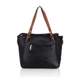 Black faux leather textured tote bag with zipper closure and dual handles