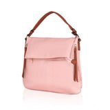 Pink faux leather textured sling bag with dual handle, synthetic lining, zipper closure