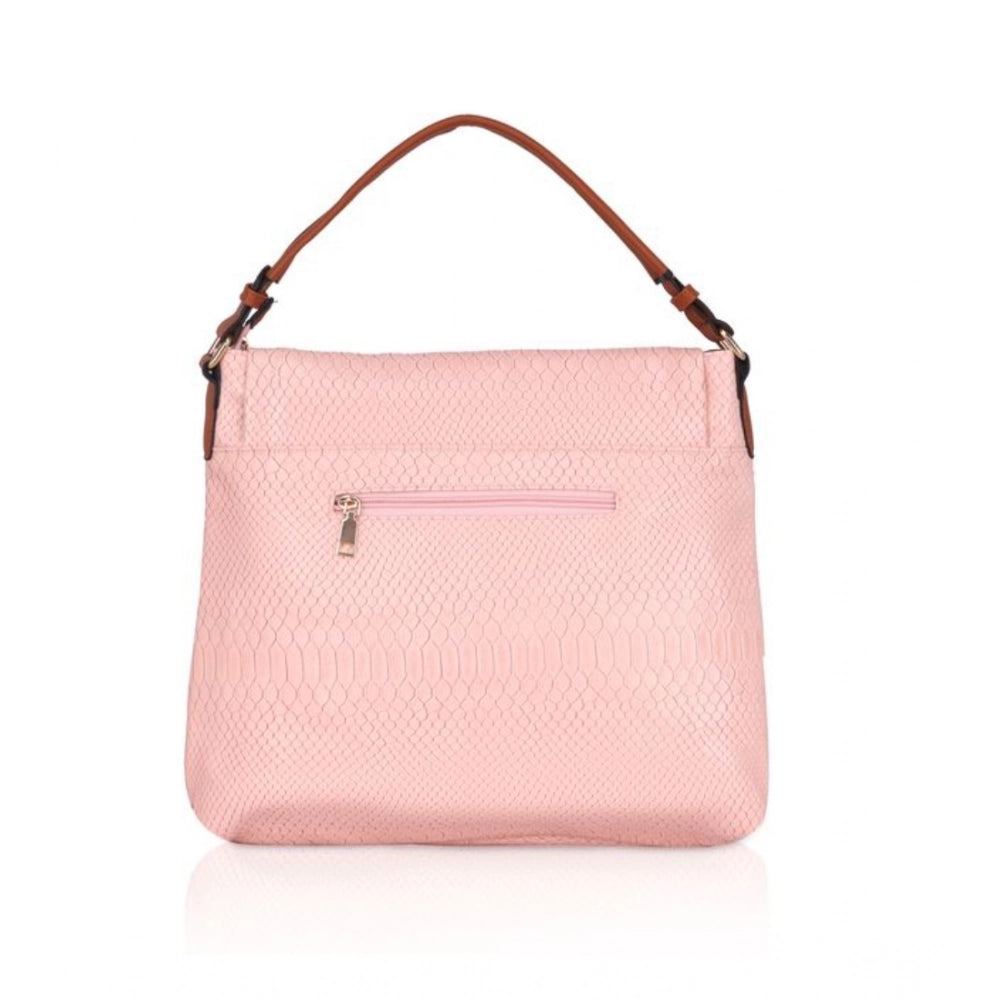 Pink faux leather textured sling bag with dual handle and zipper closure