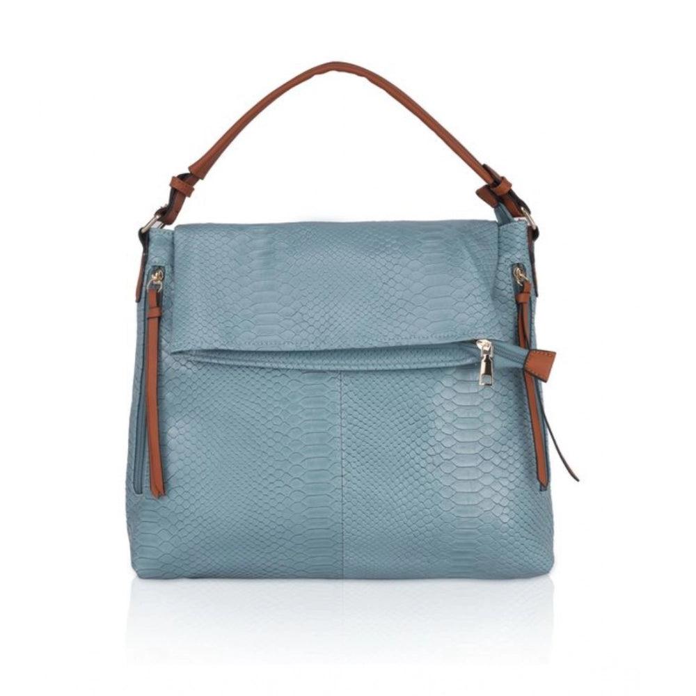 Blue faux leather textured sling bag with dual handle, synthetic lining and zipper closure