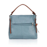 Blue faux leather textured sling bag with dual handle, synthetic lining and zipper closure