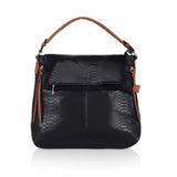 Black faux leather textured sling bag with dual handle, zipper closure