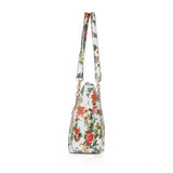 White faux leather printed tote bag with dual handles, outer material: faux leather, inner material: synthetic, pattern: tropical prints, closure type: zipper