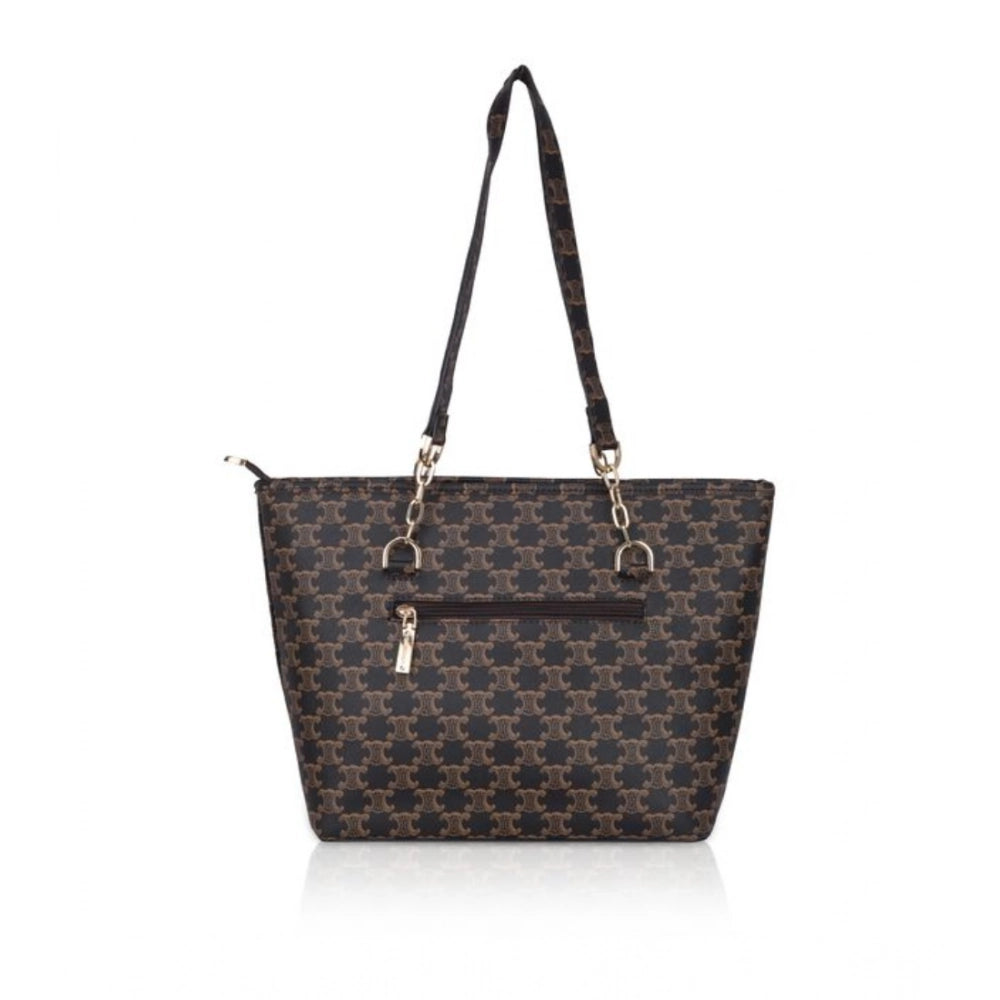 Brown faux leather printed tote bag with dual handle, synthetic lining, and zipper closure