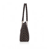 Brown faux leather printed tote bag with dual handles and zipper closure
