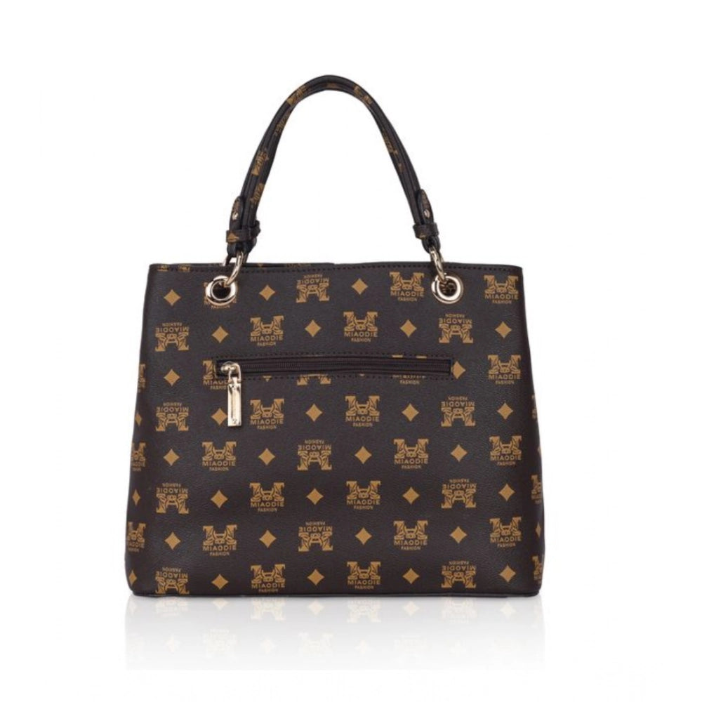 Brown faux leather printed handheld bag with dual handles and zipper closure