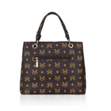 Brown faux leather printed handheld bag with dual handles and zipper closure