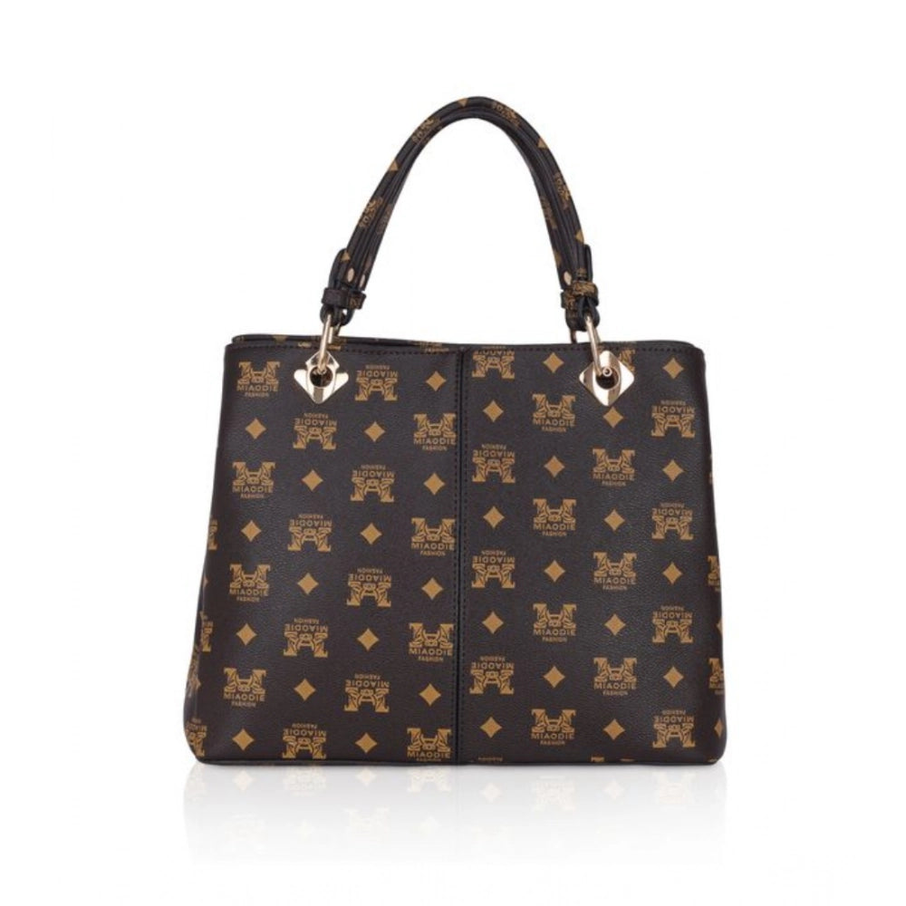 Brown faux leather printed handheld bag with dual handle, synthetic lining, zipper closure