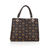 Brown faux leather printed handheld bag with dual handle, synthetic lining, zipper closure