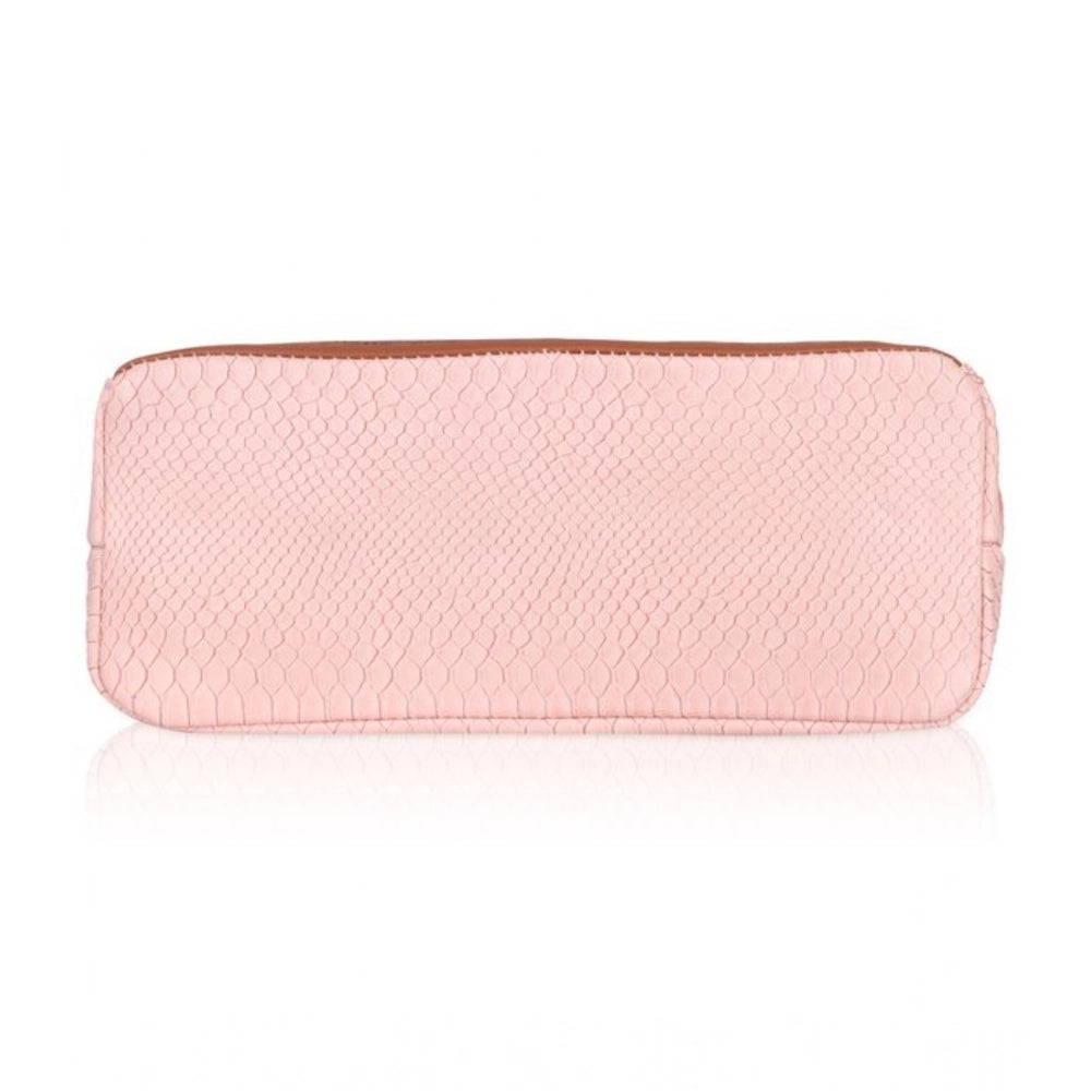 Pink faux leather printed tote bag with zipper closure and dual handles