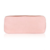 Pink faux leather printed tote bag with zipper closure and dual handles