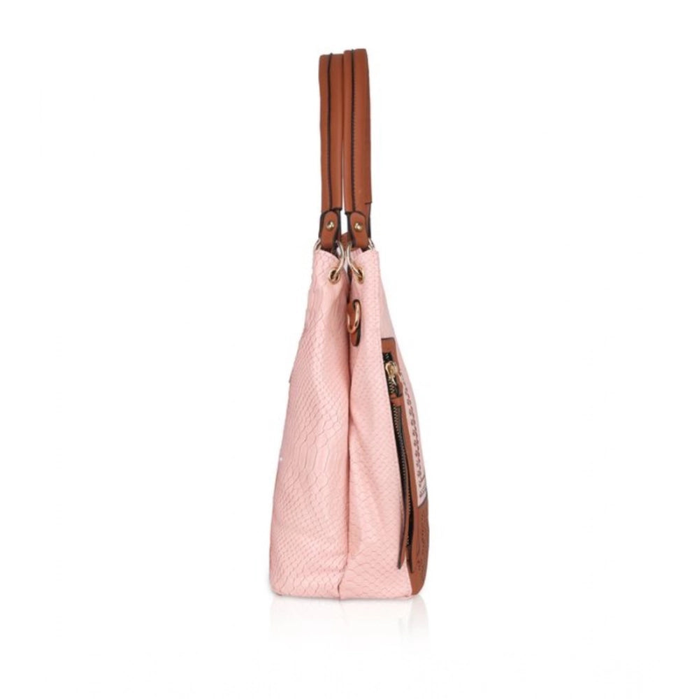 Pink faux leather printed tote bag with dual handle and zipper closure