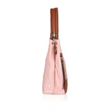 Pink faux leather printed tote bag with dual handle and zipper closure