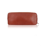 Brown faux leather textured tote bag with zipper closure and dual handles