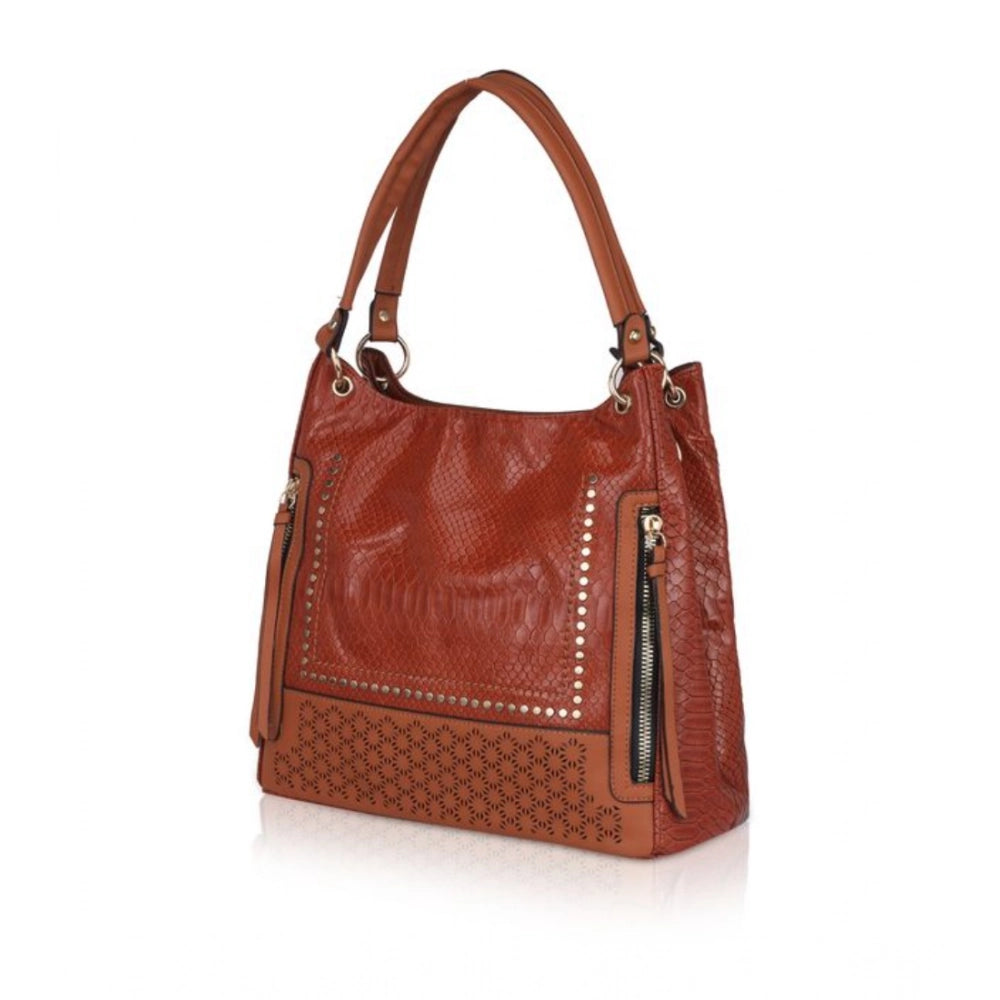 Brown faux leather textured tote bag with dual handle and zipper closure, synthetic inner material