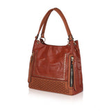 Brown faux leather textured tote bag with zipper closure and dual handles