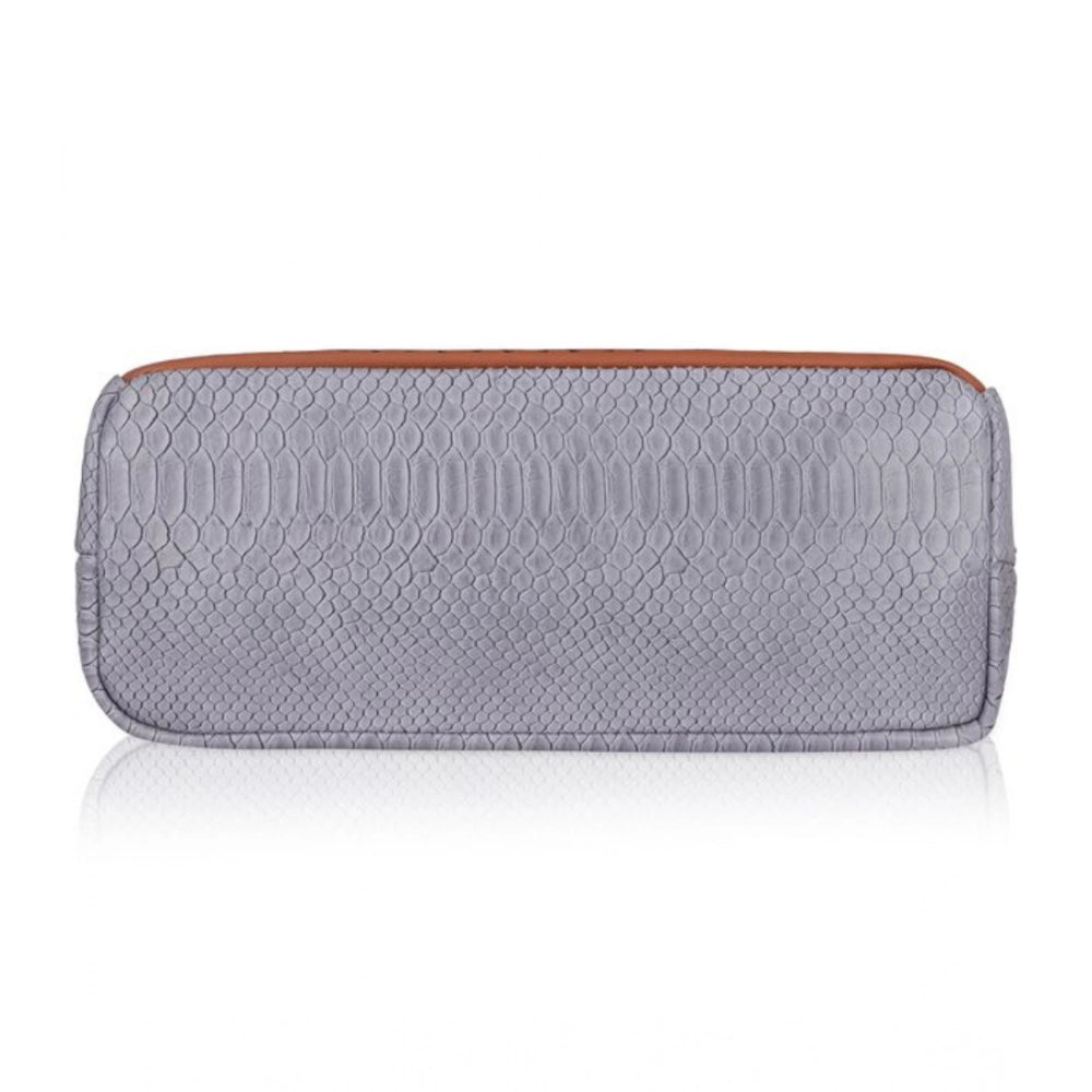 Blue faux leather textured tote bag with dual handle, synthetic inner material, and zipper closure