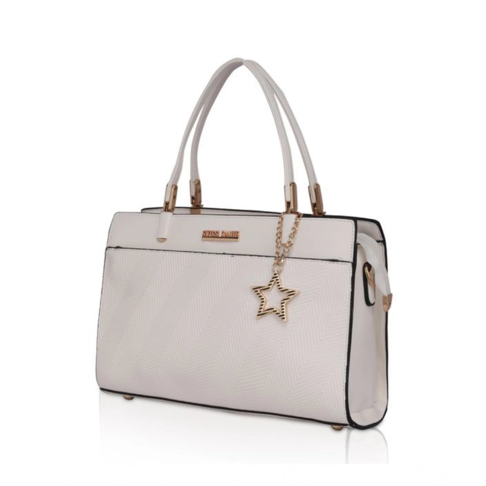 White faux leather textured adjustable long belt handbag with zipper closure and dual handle strap