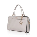 White faux leather textured adjustable long belt handbag with zipper closure and dual handle strap