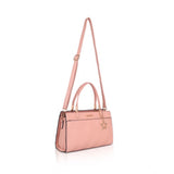 Pink faux leather textured adjustable long belt handbag with dual handle and zipper closure