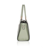 Green faux leather textured adjustable long belt handbag with dual handles and zipper closure