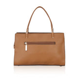 Brown faux leather textured adjustable long belt handbag with zipper closure and dual handle