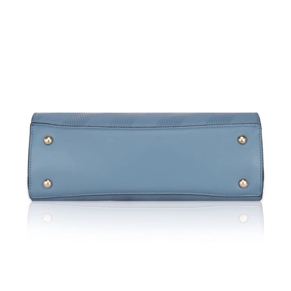 Blue textured faux leather adjustable long belt handbag with dual handle and zipper closure