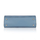 Blue textured faux leather adjustable long belt handbag with dual handle and zipper closure