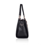 Black faux leather textured adjustable long belt handbag with dual handles and zipper closure