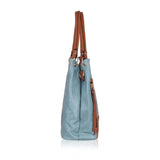 Grey faux leather textured tote bag with zipper closure, synthetic lining, and dual handle straps